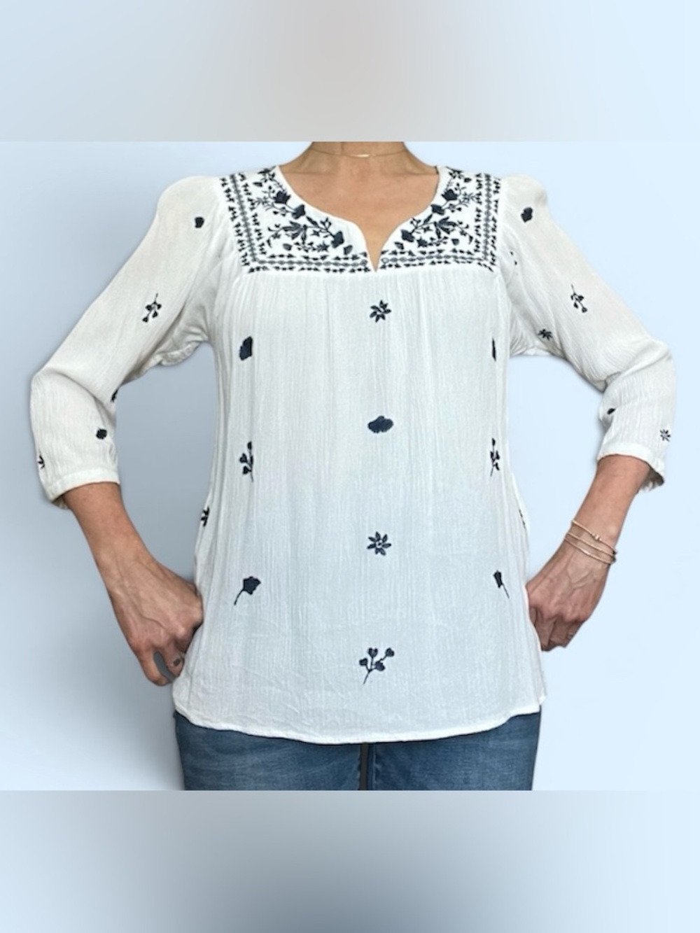 Knox Rose White Blouse/Top with Navy Embroidery